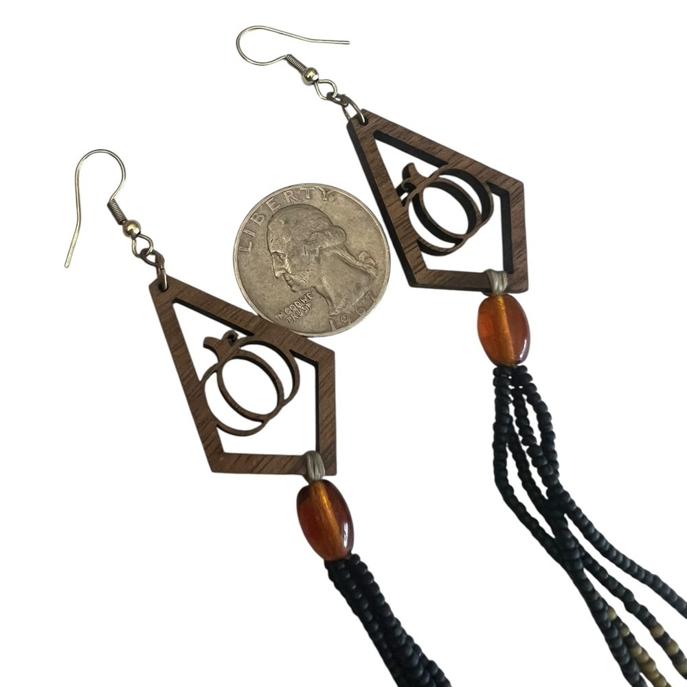 Artisian Fall Pumpkin Wood Seed Bead Dangle Pierced Earrings Boho - Picture 5 of 7